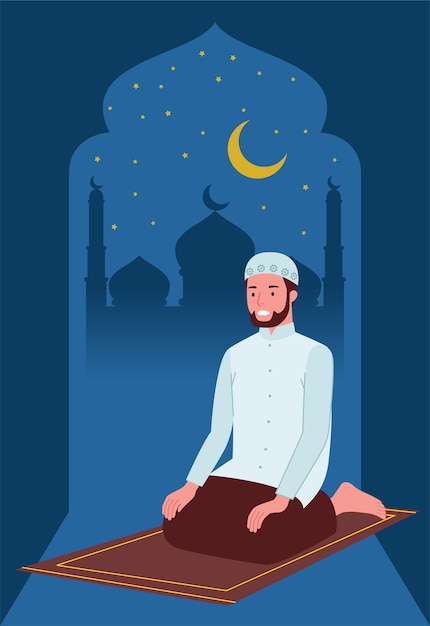 Muzułmanin Modli Się Nocą Na Macie Modlitewnej Na Tle Meczetu I Księżyca