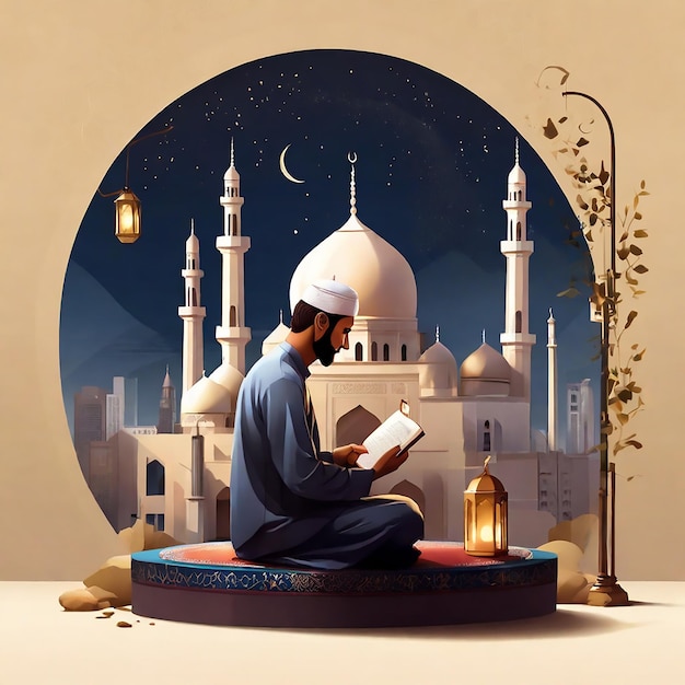 Muzułmanin siedzący i trzymający Koran z widokiem na meczet Eid ul Adha Mubarak dzień tła