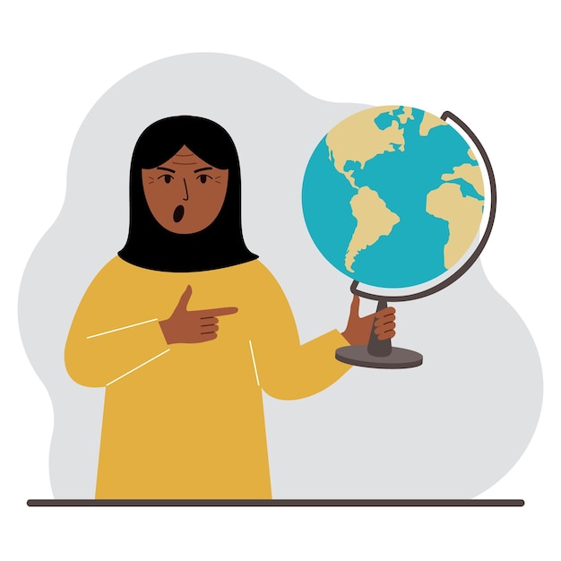 Muzułmanka Trzyma W Ręku Kulę Ziemską I Wskazuje Na Nią Palcem Pojęcie Edukacji Nauczyciela Podbój świata Ekologia Płaskie Ilustracji Wektorowych