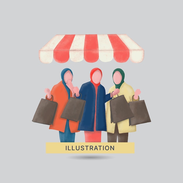 Muzułmańska Dziewczyna Hidżab Robi Zakupy I Trzyma Projekt Ilustracji Torby Na Zakupy
