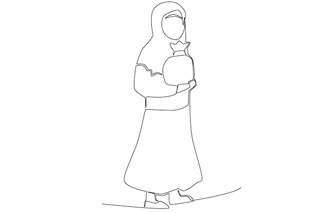 Muzułmańska Kobieta Przynosząca Dobroczynność W Ramadanie, Jedna Grafika Liniowa