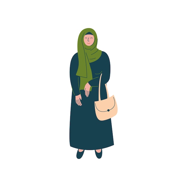 Plik wektorowy muzułmańska kobieta w hidżabie stojąca z torbą nowoczesna arabska dziewczyna postać w tradycyjnej odzieży ilustracja wektorowa na białym tle