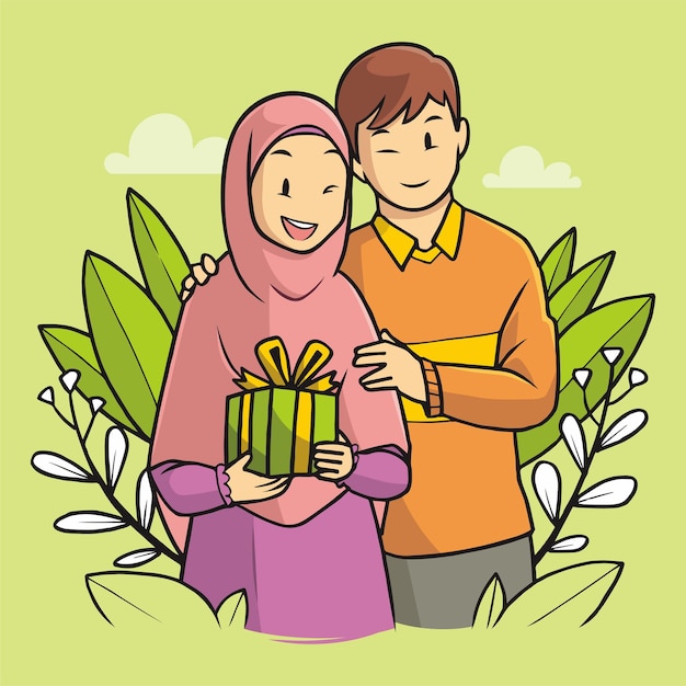 Plik wektorowy muzułmańska para. mąż daje prezent żonie