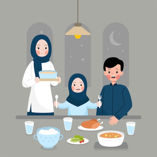 Muzułmańska Rodzina Iftar I Sahoor W Koncepcji Wektora Ramadan