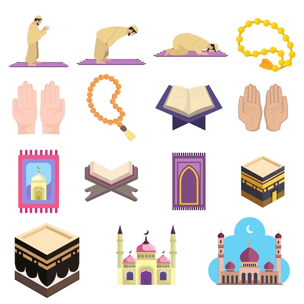 Plik wektorowy muzułmański islam modlitwa wektor clipart zestaw z meczetu koran hadj kaaba dywan