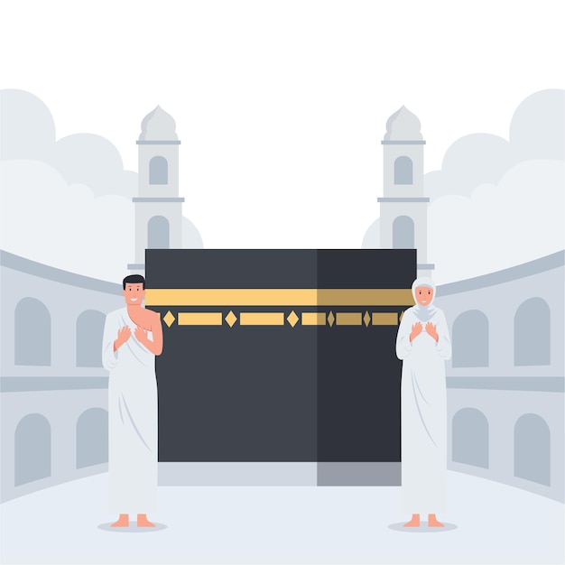 Plik wektorowy muzułmański mężczyzna i kobieta modlący się przed kaaba ilustracja do hadżdż