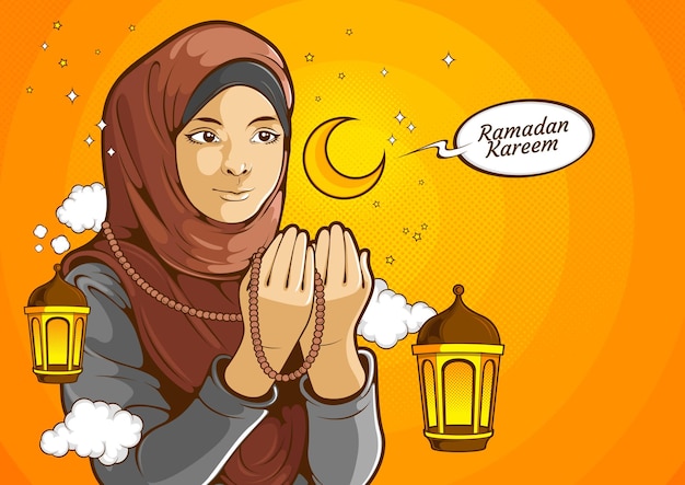 Muzułmańskie kobiety, islamska kobieta nosząca hidżab z podniesionymi rękami i modląca się do Boga Allaha w świętym miesiącu Ramadan Kareem, ilustracja komiks.