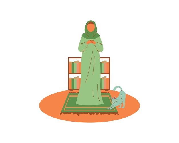 Muzułmańskie kobiety modlą się w nocy obok kota w miesiącu Ramadanu ilustracja wektorowa