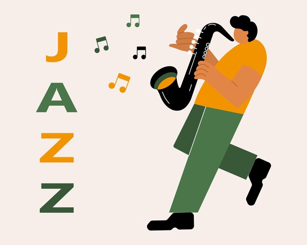 Muzyczny Ilustracja Jazzman Z Saksofonem I Tekstem Jazzowym W Kolorach Zielonym I żółtym