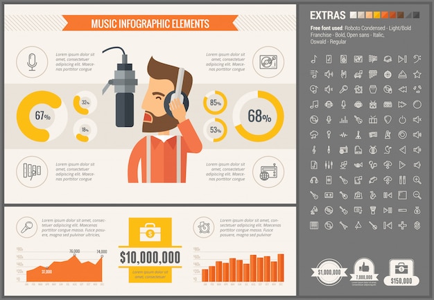 Plik wektorowy muzyczny płaski projekt infographic szablon i ikony ustawiać
