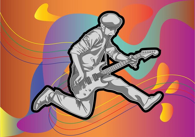 Muzyk gitarzysta skacze skecth art rock jazz