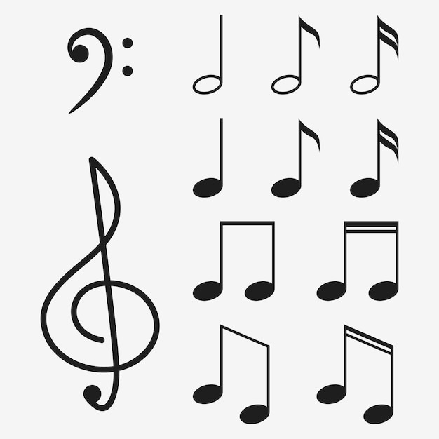 Muzyka notatki zestaw ikon i klucz muzyczny. Znak wiolinowy. Ilustracja wektorowa.