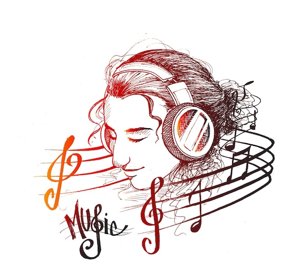 Muzyka w tle Dziewczyna wektor słucha muzyki ilustracja kreskówka na białym tle