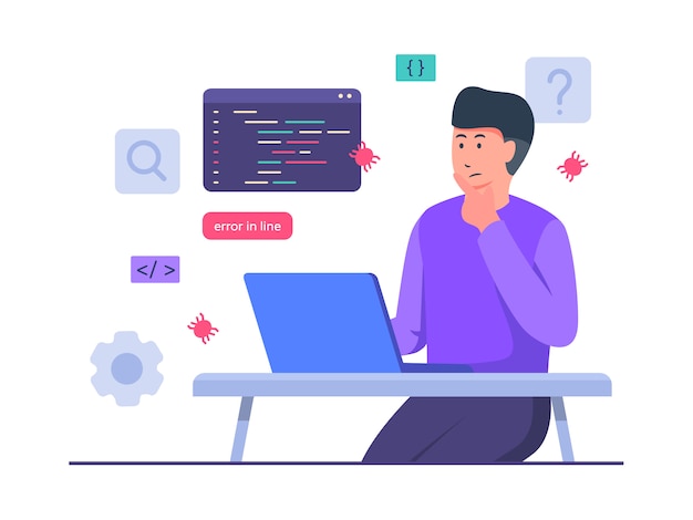 Myślenie Postaciowe Jako Programista Pracuje Na Laptopie I Tworzy Kod Debugowania W Stylu Płaskiej Kreskówki.