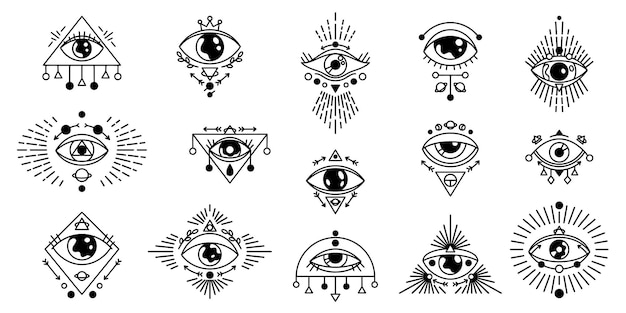 Mystic eyes Ezoteryczny i astrologiczny tatuaż symbol okultystycznych alchemii amulet ludzkiego oka wektor zestaw