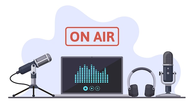 Plik wektorowy na antenie. podcast, audycja radiowa lub strumienie audio, nagrywanie dźwięku za pomocą mikrofonu i słuchawek