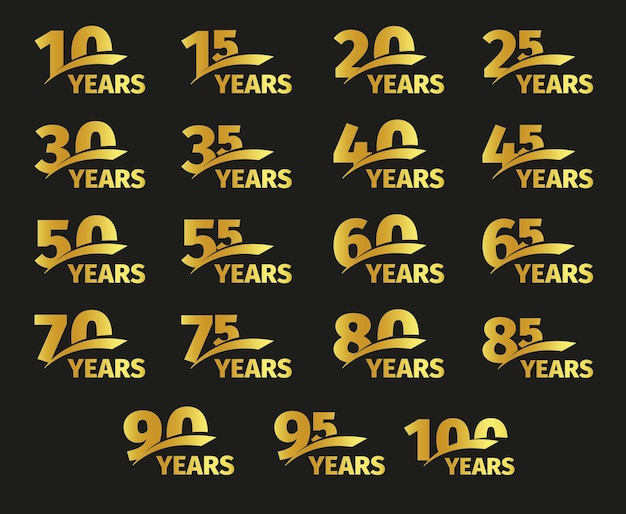 Plik wektorowy na białym tle numery w kolorze złotym z kolekcji ikon lat słownych na czarnym tle elementy rocznicy urodzin z życzeniami zestaw ilustracji wektorowych