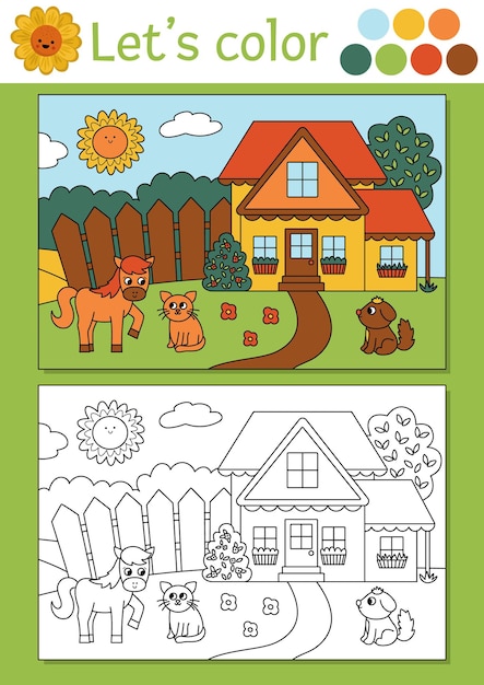 Na Farmie Kolorowanka Dla Dzieci Z Wiejskim Krajobrazem Wektor Zarys Ilustracji Z Wiejskim Domem Kolorowanka Dla Dzieci Z Kolorowym Przykładem Umiejętności Rysowania Arkusz Roboczy Do Drukuxa