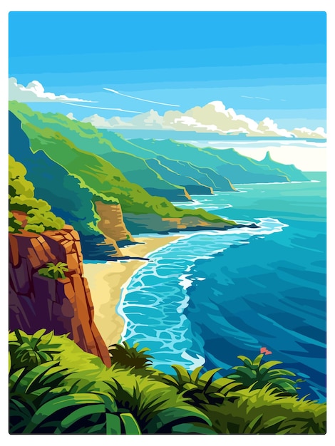 Plik wektorowy na pali coast hawaii vintage travel poster souvenir postcard portret malarstwo ilustracja wpa