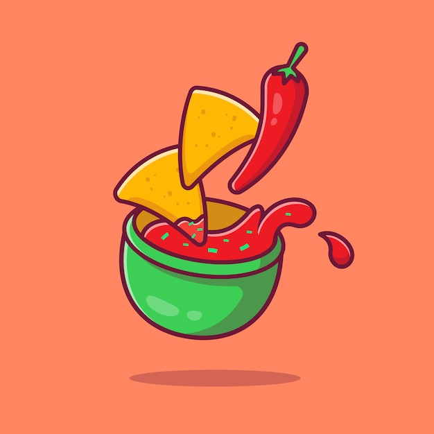 Plik wektorowy nachos z sosem chili kreskówka ikona ilustracja. meksyk koncepcja ikona jedzenie na białym tle. płaski styl kreskówki