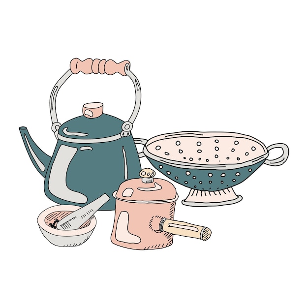Plik wektorowy naczynia kuchenne doodle drukuj durszlak tepot tłuczek i moździerz wektor ręcznie rysowane ilustracja izolowany na białym tle
