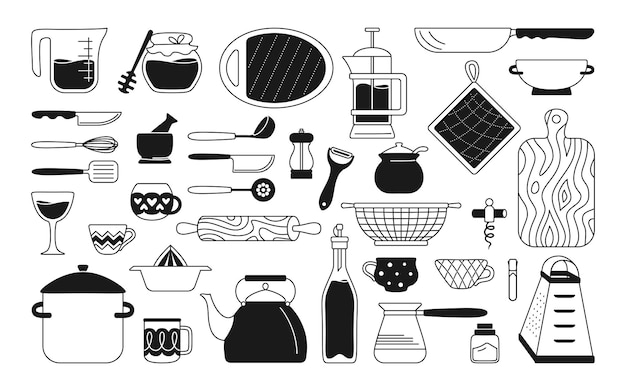 Plik wektorowy naczynia kuchenne narzędzia kuchenne czarny zestaw monochromatyczny narzędzia do pieczenia naczynia z kreskówek, wyposażenie ręcznie rysowane naczynia kuchenne płaski, czarno-biała kolekcja