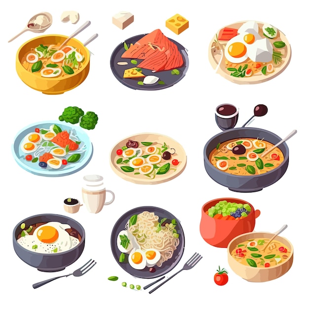 Naczynia na talerzach zestaw miski Obiady i obiady z mięsem warzywa grzyby Pojedynczo na tle ilustracji wektorowych