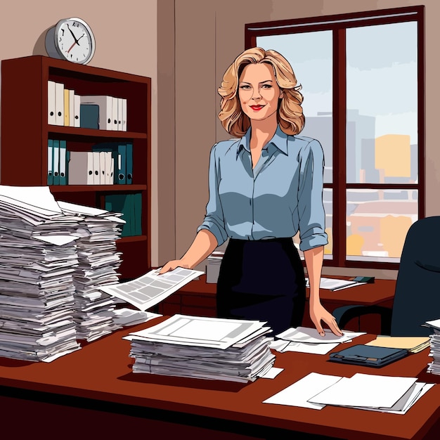 Plik wektorowy nadmiernie pracowita kobieta biznesowa w biurze pochowana w papierze ilustracja wektorowa