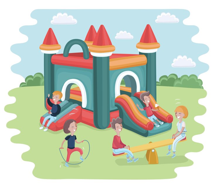Nadmuchiwany zamek trampolina ilustracja kreskówka płaski wektor