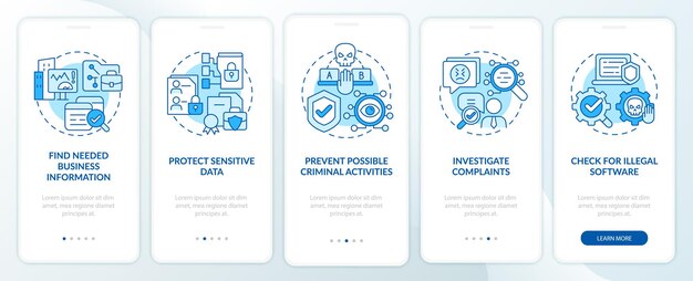 Nadzór prawny wykorzystuje niebieski ekran strony wprowadzającej aplikacji mobilnej. Instrukcja kontroli pracy 5 kroków instrukcje graficzne z koncepcjami. Szablon wektorowy UI, UX, GUI z liniowymi kolorowymi ilustracjami
