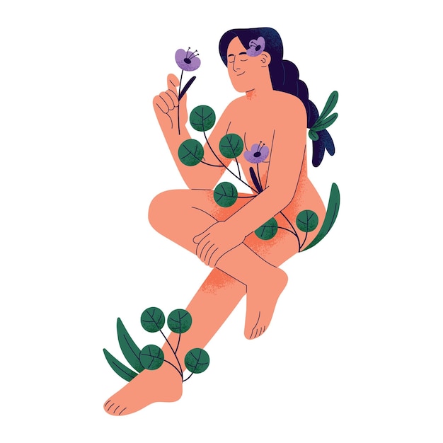 Plik wektorowy nagia kobieta z ogonem trzyma kwiat w ręku rośliny owijają się wokół nagiej dziewczyny naturalne piękno dbałość o siebie kochać siebie koncepcja akceptacji ciała płaska izolowana ilustracja wektorowa na białym tle