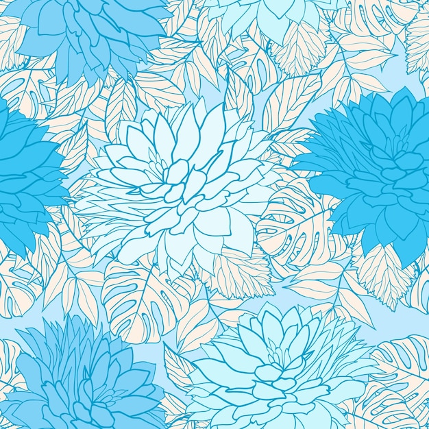 Nagietek Niebieskie Kwiaty I Liście Bezszwowe Tło Wzór Tropikalny Papier Do Pakowania Piwonii