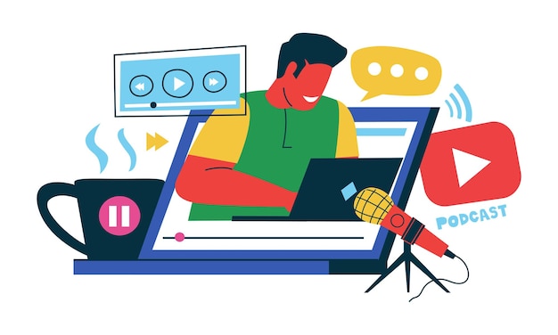 Nagrywanie głosu podcastu Współczesna koncepcja przesyłania strumieniowego wywiadu doodle z mikrofonem lub słuchawkami Transmisja online Człowiek tworzy wideo dla internetowego kanału vlogowego Ilustracja wektora nagrania audio