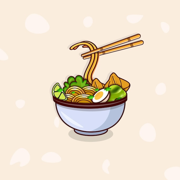 Najlepsze azjatyckie jedzenie Ramen wektor. Wysokiej Jakości Kolorowy Szablon Ilustracji Ramen, Wektor Premium.