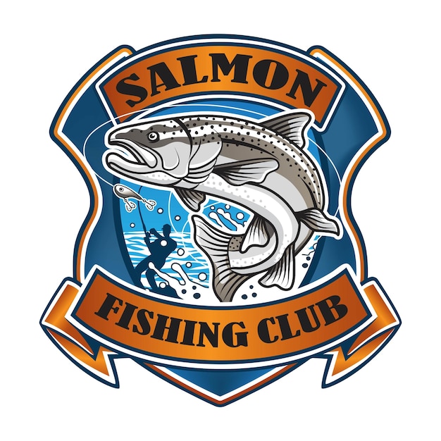 Plik wektorowy najlepsze logo połowów łososia ze wstążką i tarczą