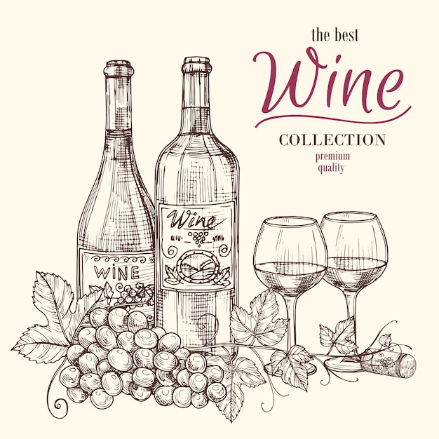 Plik wektorowy najlepszy szablon transparent wino z ręcznie rysowane butelek wina, szklanki i winogron