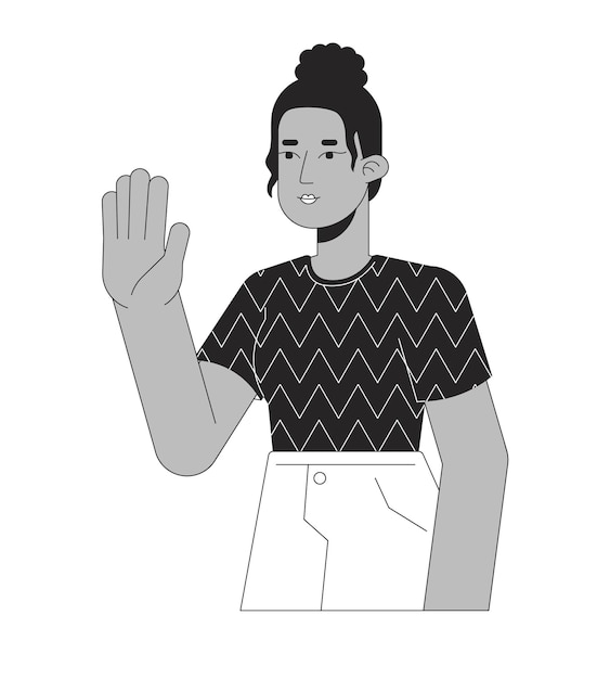 Najwyższy węzeł czarna dziewczyna mówi cześć czarno-biała linia 2D postać z kreskówki afroamerykańska kobieta pozytywne pozdrowienie izolowany wektorowy zarys osoba Stop ręka monochromatyczna ilustracja płaska plama