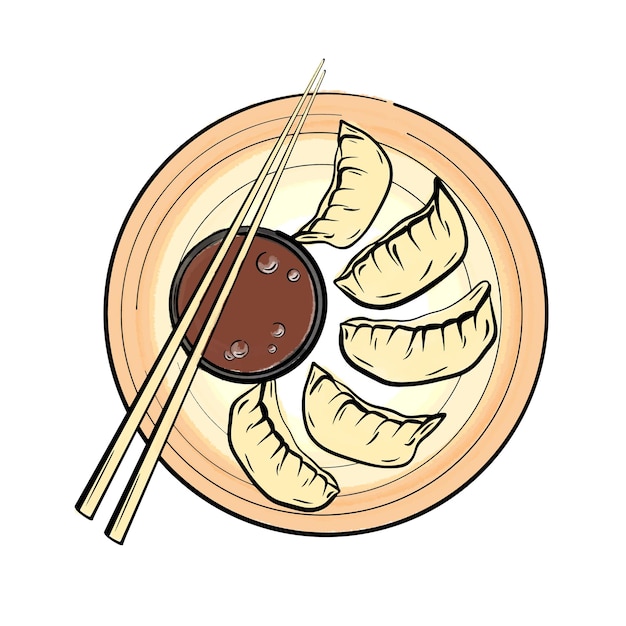 Plik wektorowy naklejka na garnek z pierogami chińskie jedzenie. kuchnia azjatycka. ilustracja wektorowa flatlay