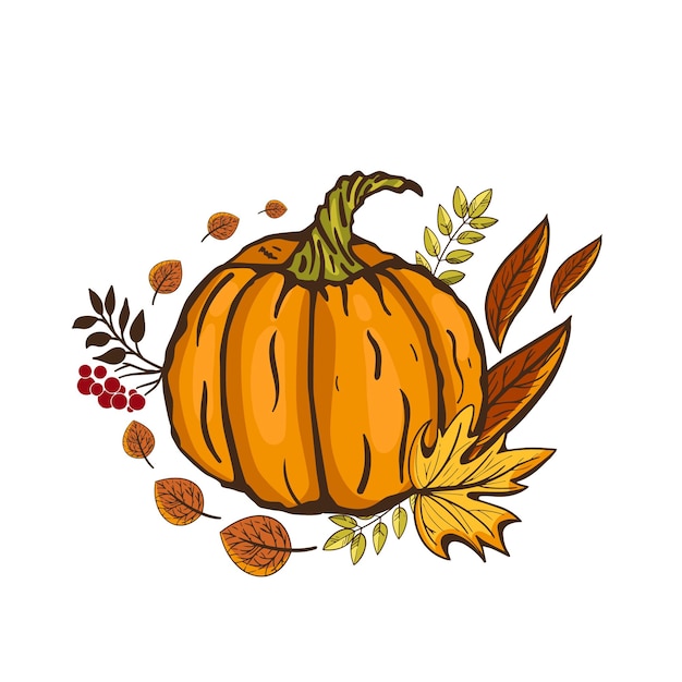 Plik wektorowy naklejka na święto dziękczynienia z dynią i jesiennymi liśćmi.