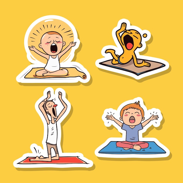Plik wektorowy naklejka z postaciami ćwiczącymi pozycje jogi