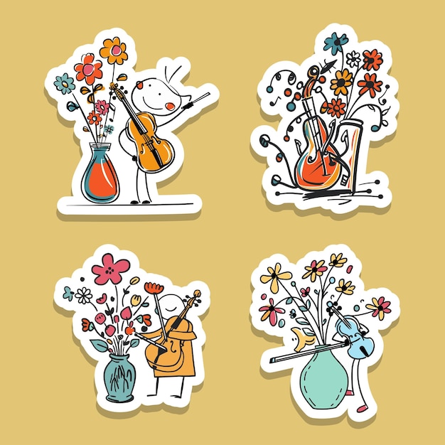 Plik wektorowy naklejka z postaciami grającymi na instrumentach muzycznych z kwiatami