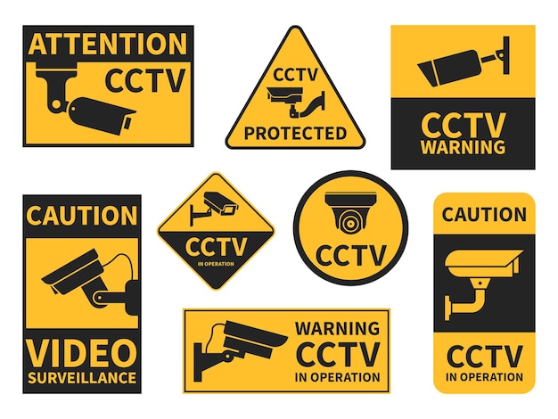 Plik wektorowy naklejki cctv. różne urządzenia do kamer bezpieczeństwa, nadzór wideo dla ulicy, domu i budynku, znaki ostrzegawcze dotyczące własności prywatnej zestaw wektorów cctv