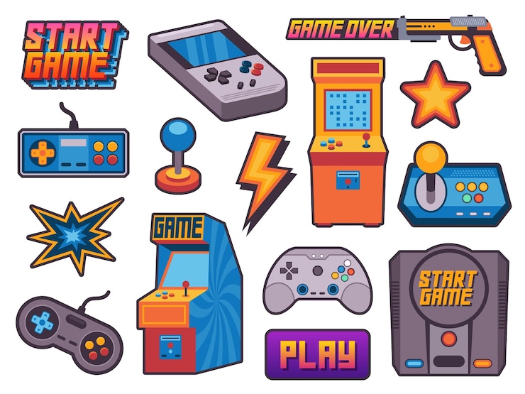 Wektor naklejki do gier wideo zabytkowe zasoby graczy z pikselowymi 8-bitowymi ikonami kreskówka nostalgia hipster gamepad joystick arkady płaski ilustracja wektorowa