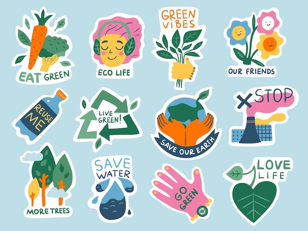 Naklejki ekologiczne Zielony styl życia Oszczędzanie środowiska i przyrody Slogan i elementy środowiska Doodle styl Wegańskie jedzenie Zatrzymaj zanieczyszczenie Recykling odpadów Wektor Zestaw etykiet przyjaznych dla planety