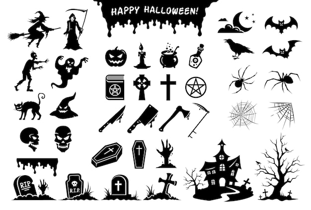 Plik wektorowy naklejki na halloween. czarne sylwetki potworów, przedmiotów, elementów i symboli w dużej kolekcji.