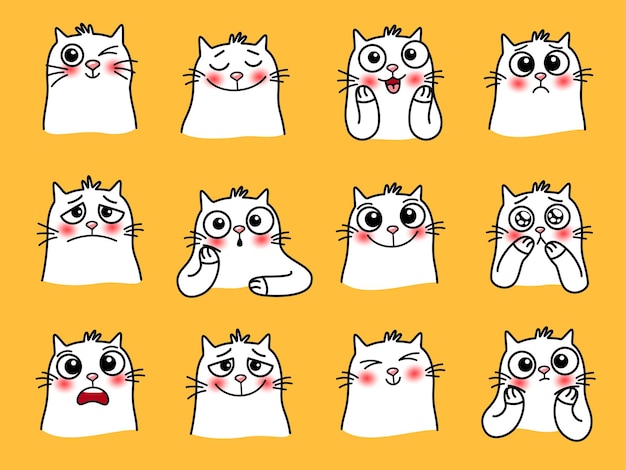 Naklejki Z Postaciami Kota. Zwierzęta Z Kreskówek Z Uroczymi Emocjami, Uśmiechnięte Graficzne Obrazy Kochającego Zwierzęcia, Ilustracja Wektorowa Zabawnych Emoji Kotów Z Dużymi Oczami Odizolowanymi Na żółtym Backgro