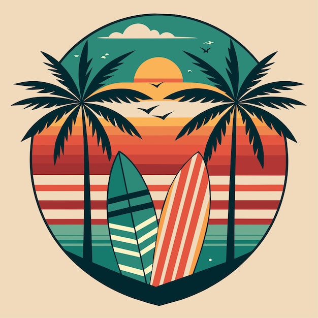 Nalepka na koszulce z inspiracją retro przedstawiająca vintage deski do surfowania i palmy