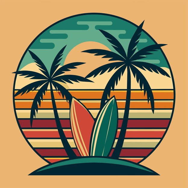 Plik wektorowy nalepka na koszulce z inspiracją retro przedstawiająca vintage deski do surfowania i palmy