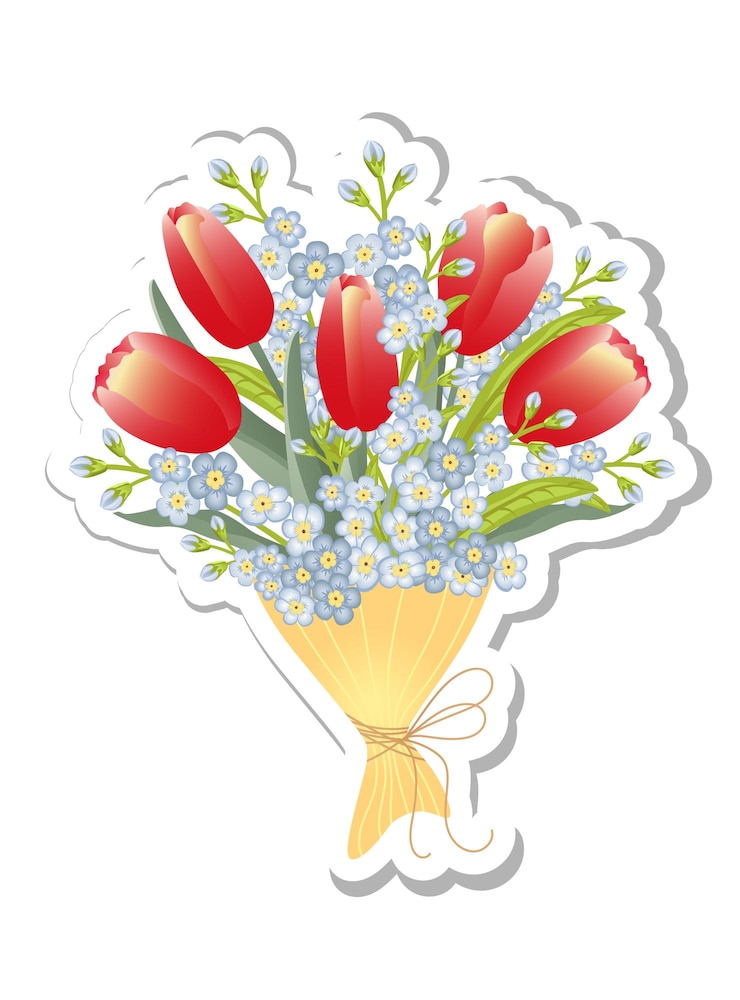 Wektor nalepka z bukietem wiosennych czerwonych tulipanów i kwiatów forgetmenot odizolowanych na białym tle