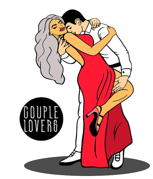 Plik wektorowy namiętna zakochana para. trzyma żonę w ramionach. dziewczyna w czerwonej sukience tańczy tango taniec, rubma.